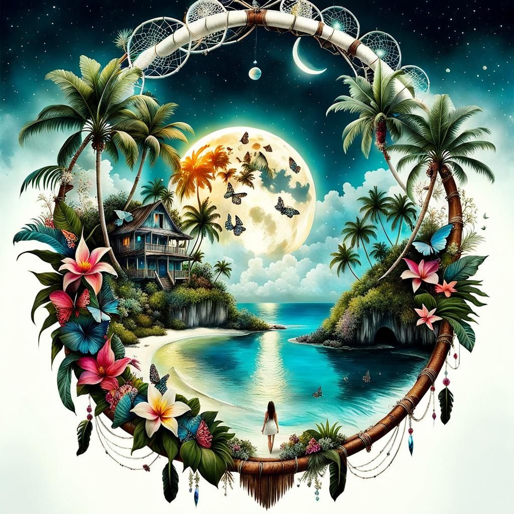 Tropical Dreamcatcher Moon Oasis: Surreal Double-Exposure Ar...