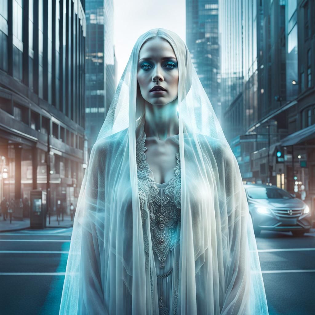 Ethereal Ghost Woman Portrait in Cityscape