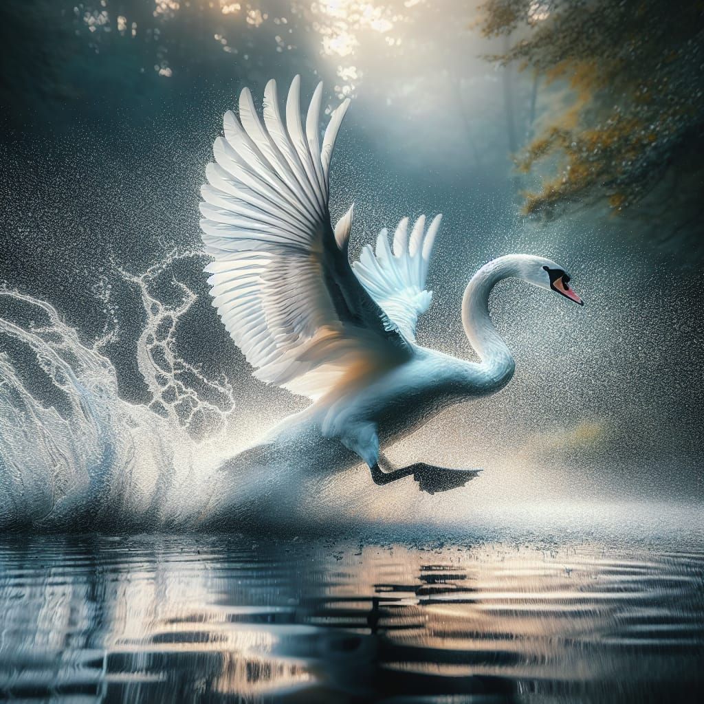 Swan Takes Flight from Tranquil River