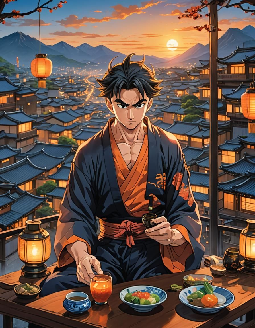 Gohan as Yakuza Strategist in Ghibli-Shinkai Style