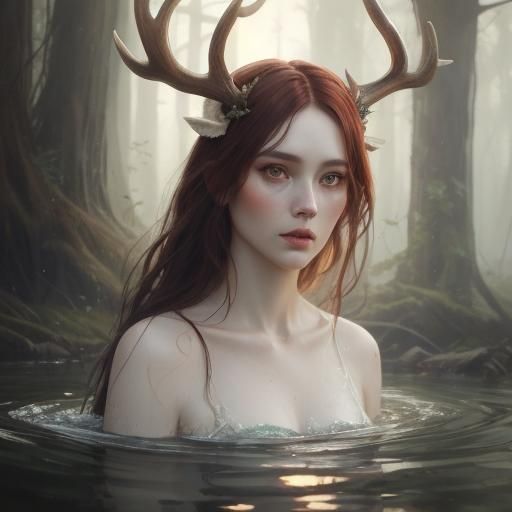 Redhead Woman with Antlers Portrait in Dark Fantasy Style