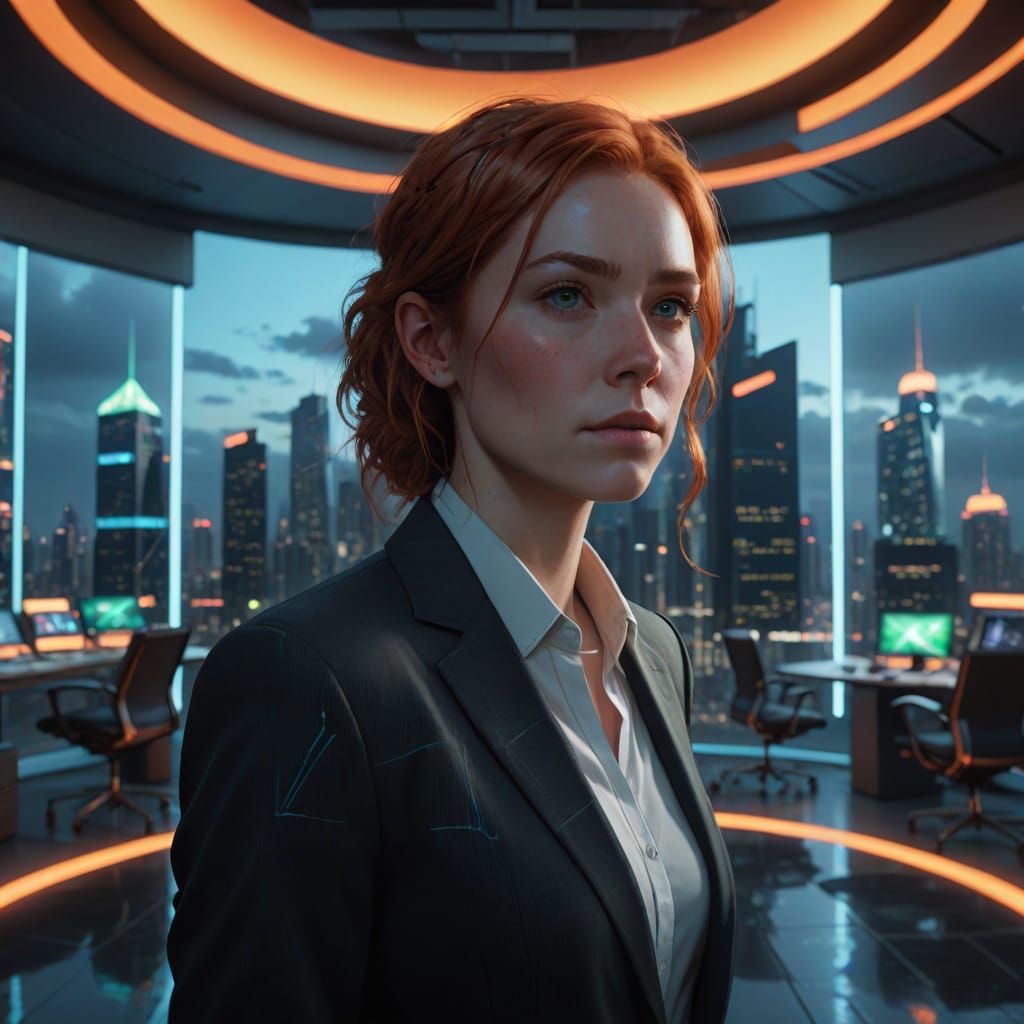 Confident Businesswoman Examines Futuristic Portal in Corpor...