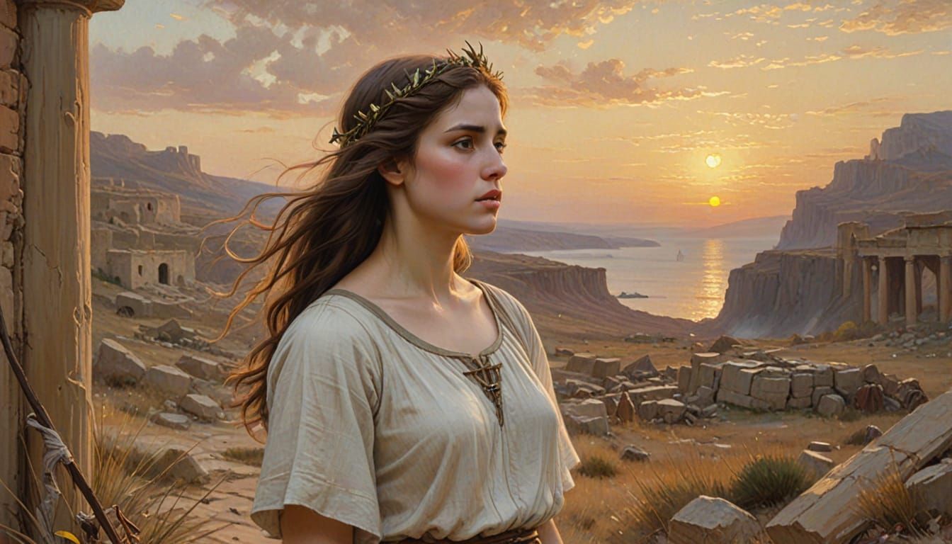 Helen of Troy in War-Torn Landscape Oil Painting