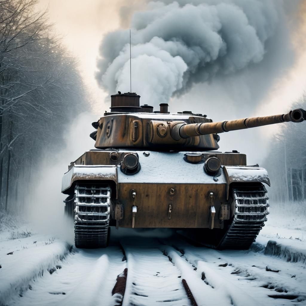 WWII Tiger Tank in Winter Battle: Cinematic Film Still
