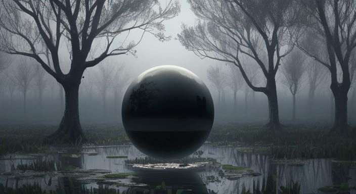 Ethereal Black Orb Rises Above the Mysterious Swamp