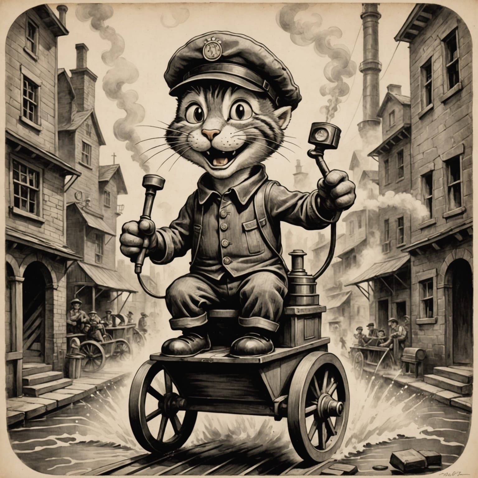 Cartoon Cat Steamboat Pilot in Rubberhose Style