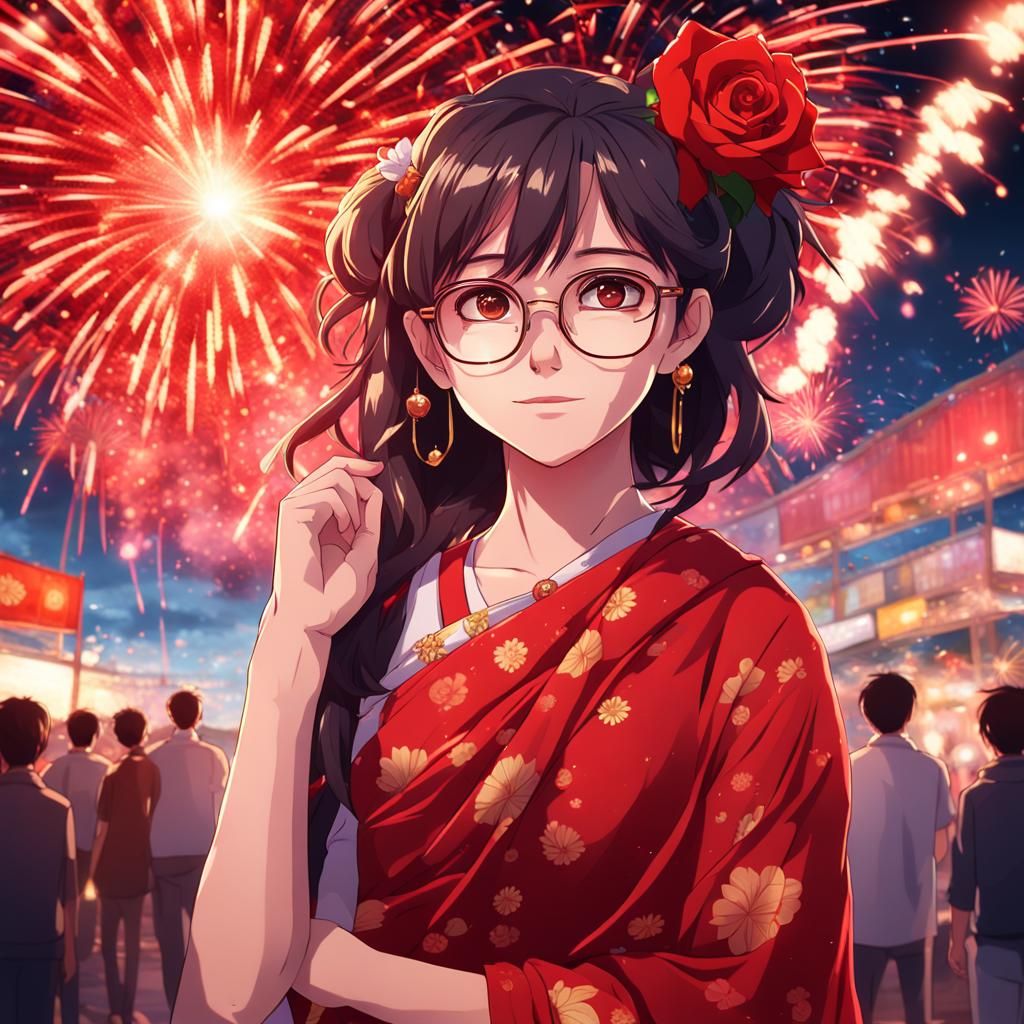 Anime Girl in Saree Watching Fireworks