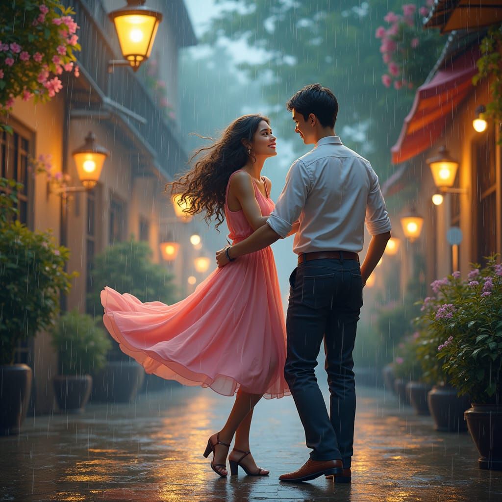 Whimsical Romance Under Rainy Street Lamps