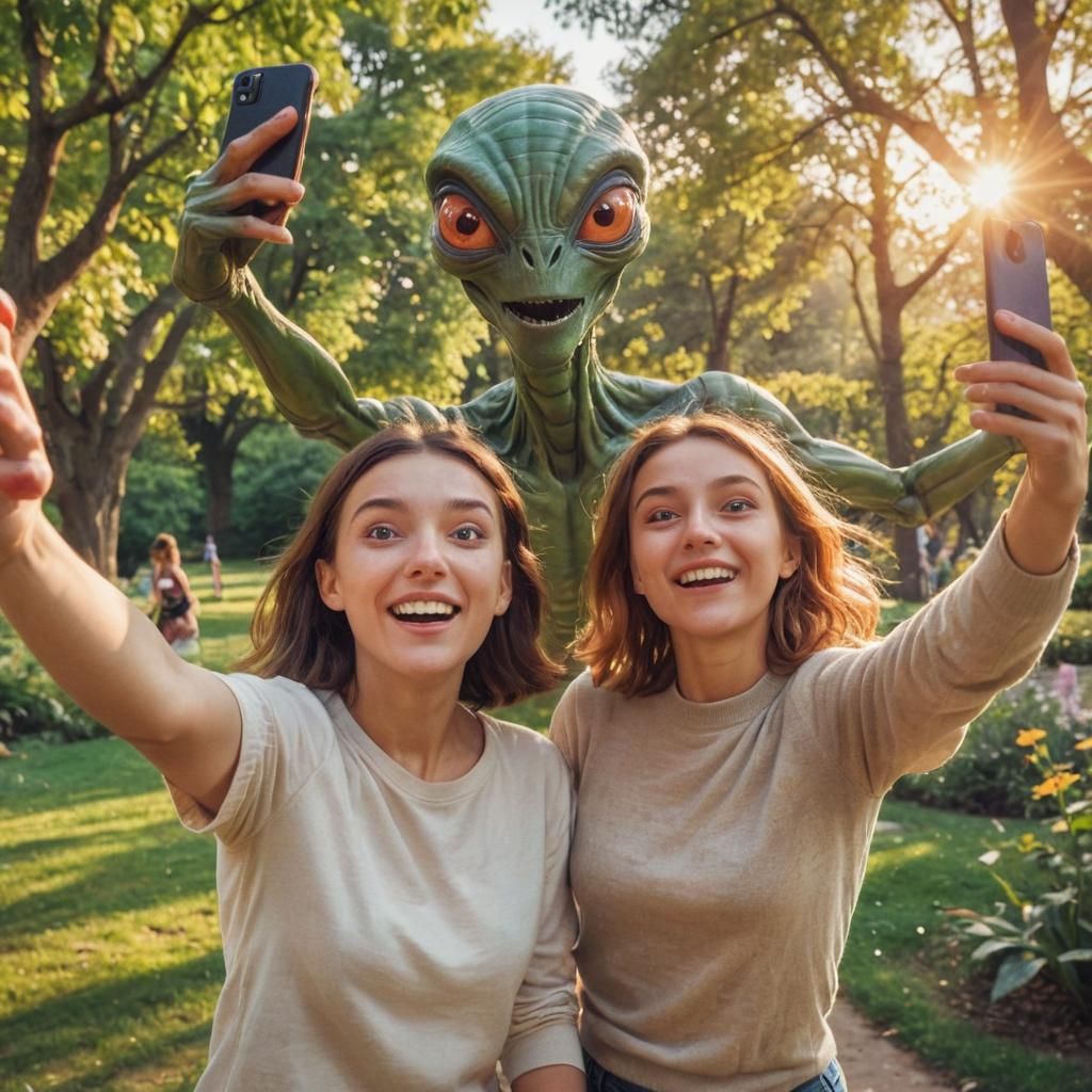 Playful Alien Photobombs Couple's Selfie: Pixar-Style Illust...
