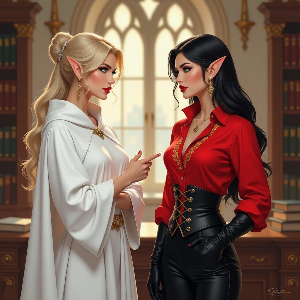 Elven Women Arguing in Fantasy Academy, Oil Painting Style