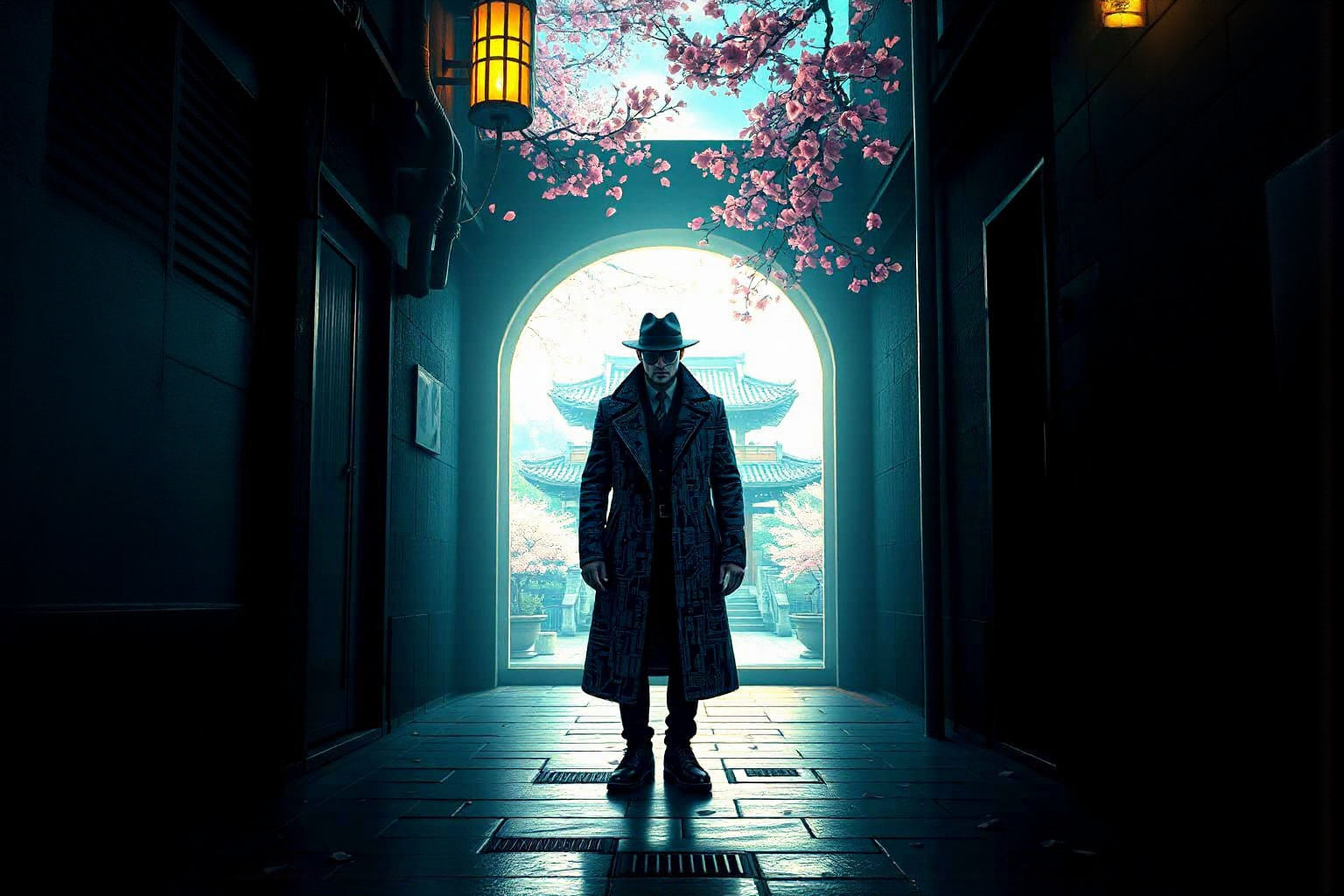 Cyberpunk Detective Emerges From Portal Into Zen Garden