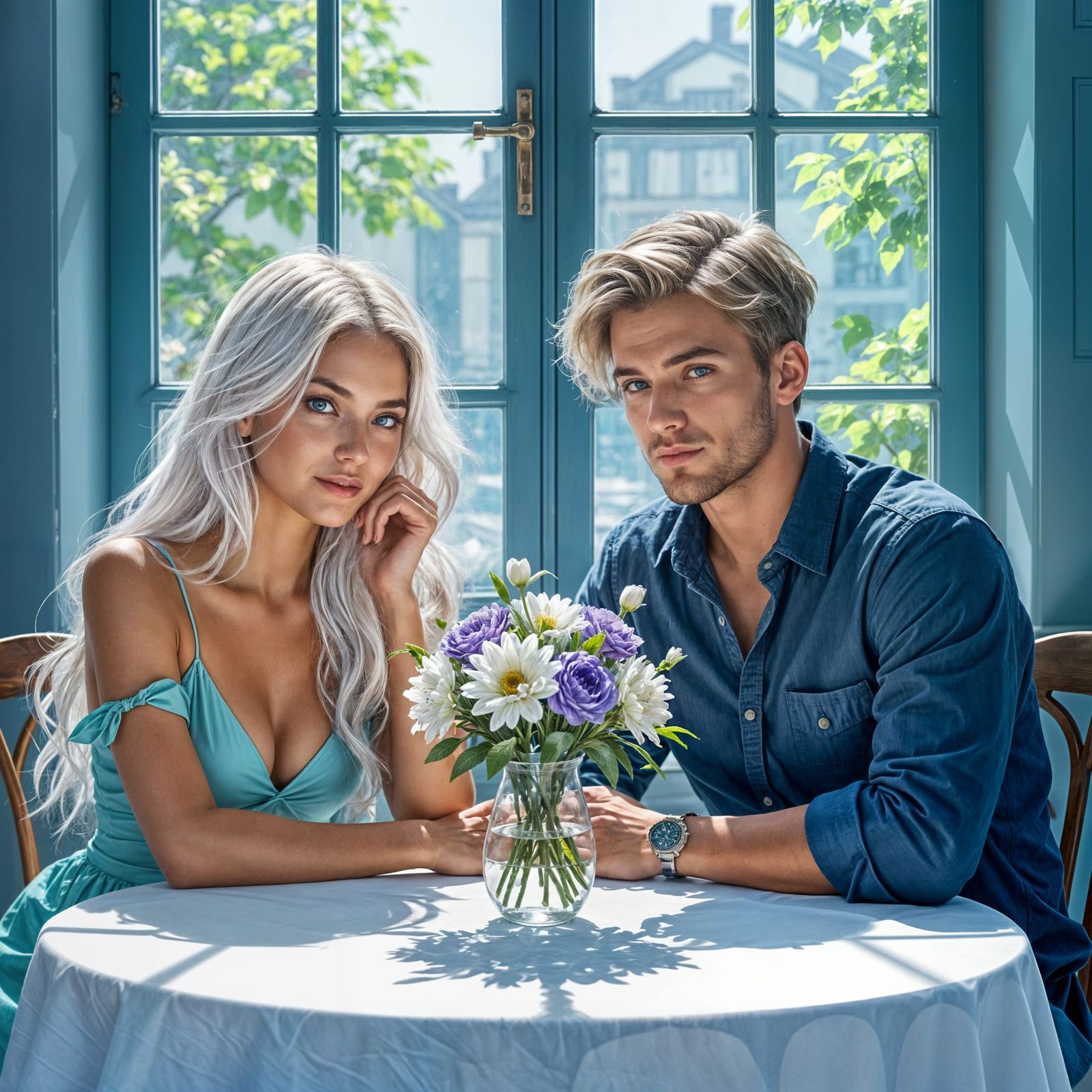 Platinum-Haired Siblings with Sea Green Eyes