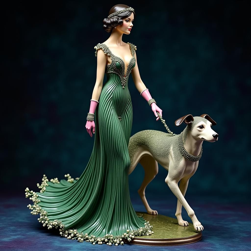 Art Deco Lady Figurine with Whippet in Enamelled Style