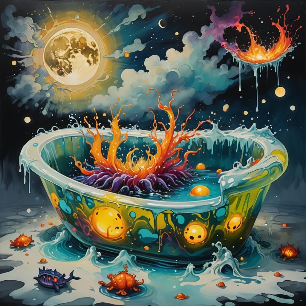 Underwater Bathtub with Glowing Creature: Graffiti Art