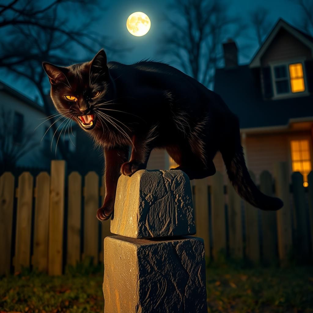 Feral Black Cat in Gothic Horror Scene