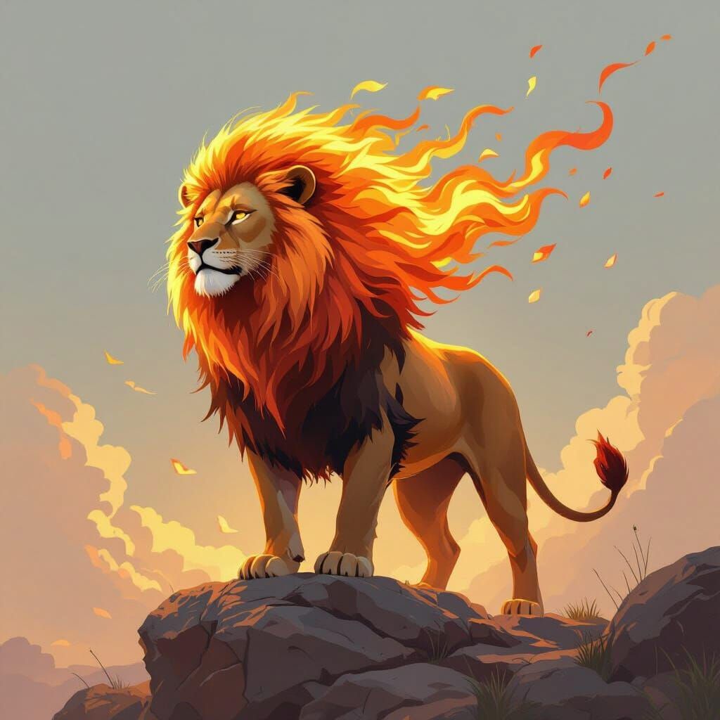 Lion with Fiery Mane in Digital Painting Style