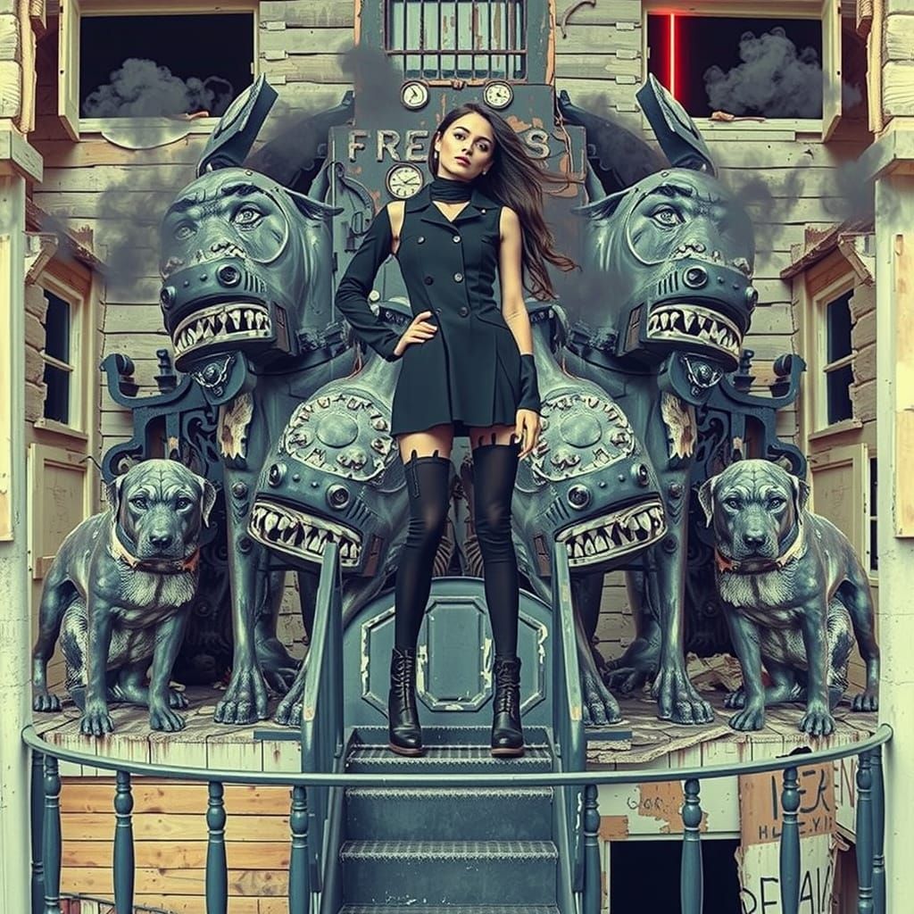 Goth Model with Rusted Iron Sculpture in Neon Light