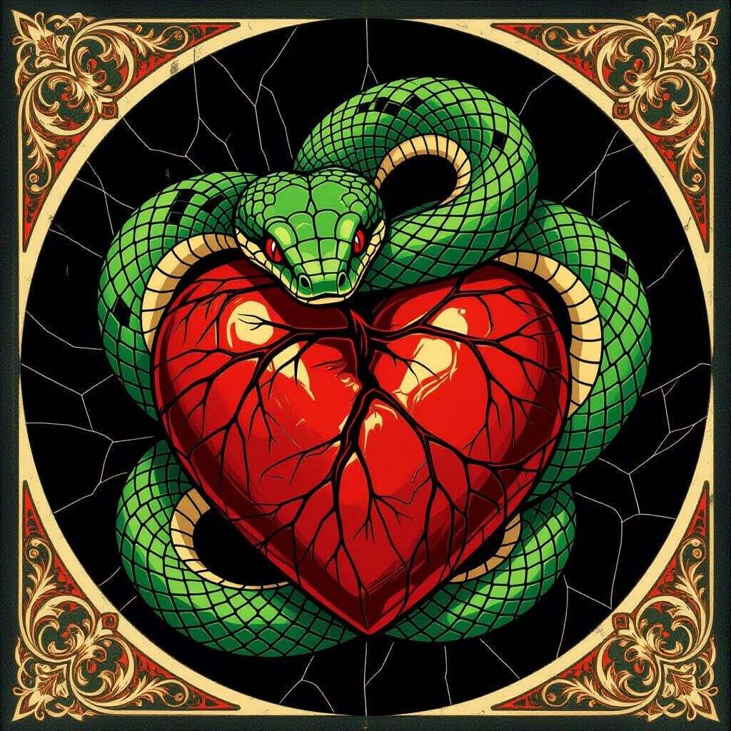 Viper Coiled Around Broken Heart in Art Nouveau Style