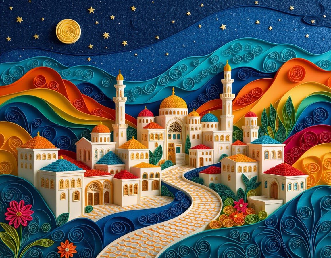 Quilled Village Diorama Under Starry Night Sky