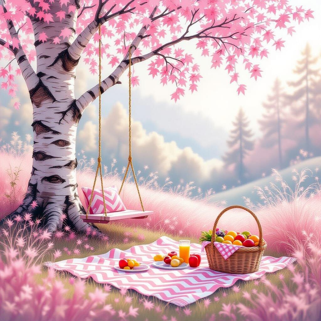 Enchanted Fairy Garden with Pink Birch Tree