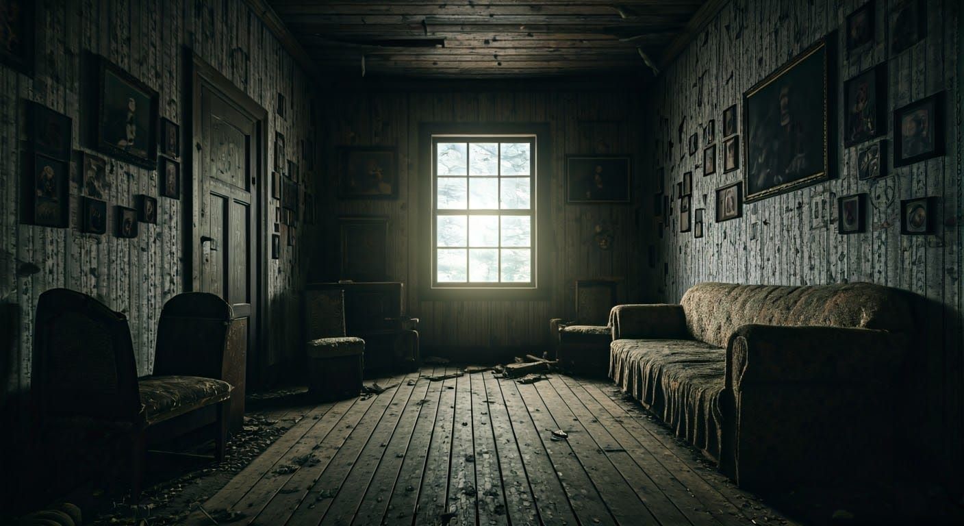 Eerie Abandoned Cabin Interior at Night