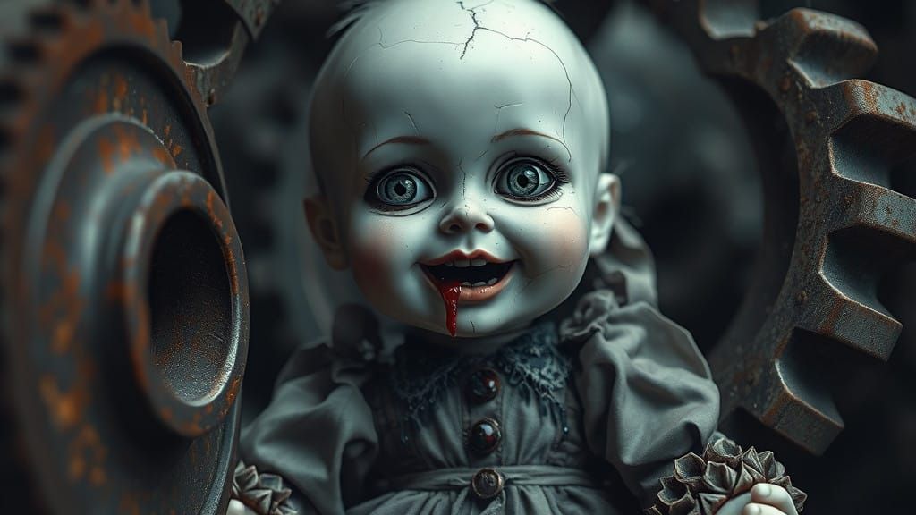 Ethereal Steampunk Doll Trapped in Haunting Industrial Night...