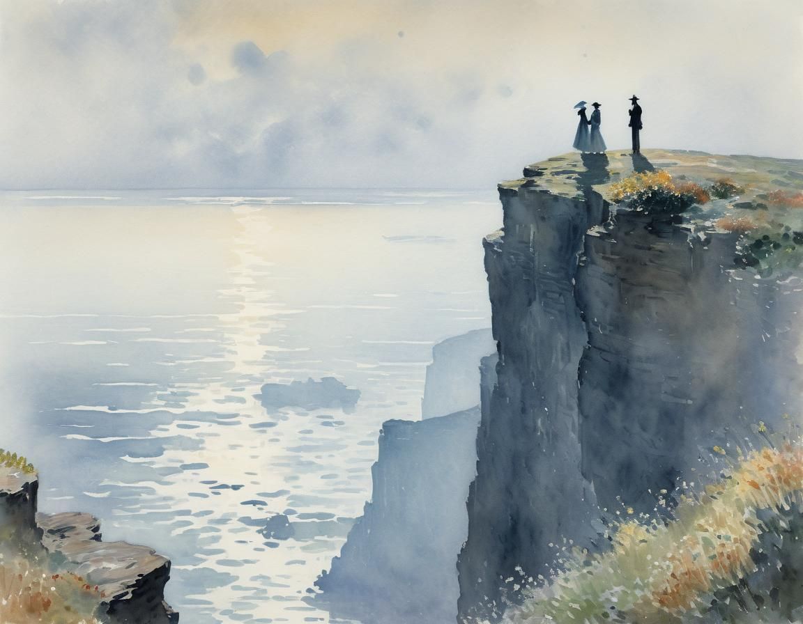 Couple Overlooking Misty Sea in Watercolor Style
