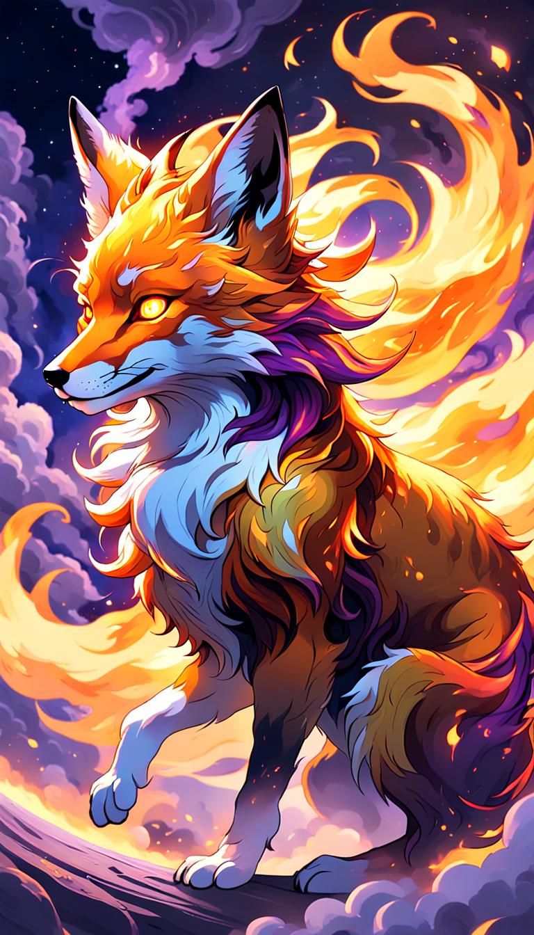 Fiery Mythical Fox on Jupiter: Dark Fantasy Art