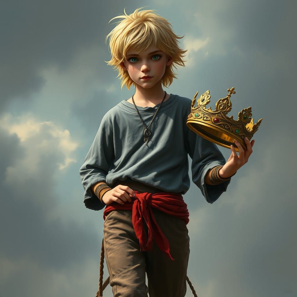 Medieval Fantasy King with Unruly Blond Hair and Golden Crow...