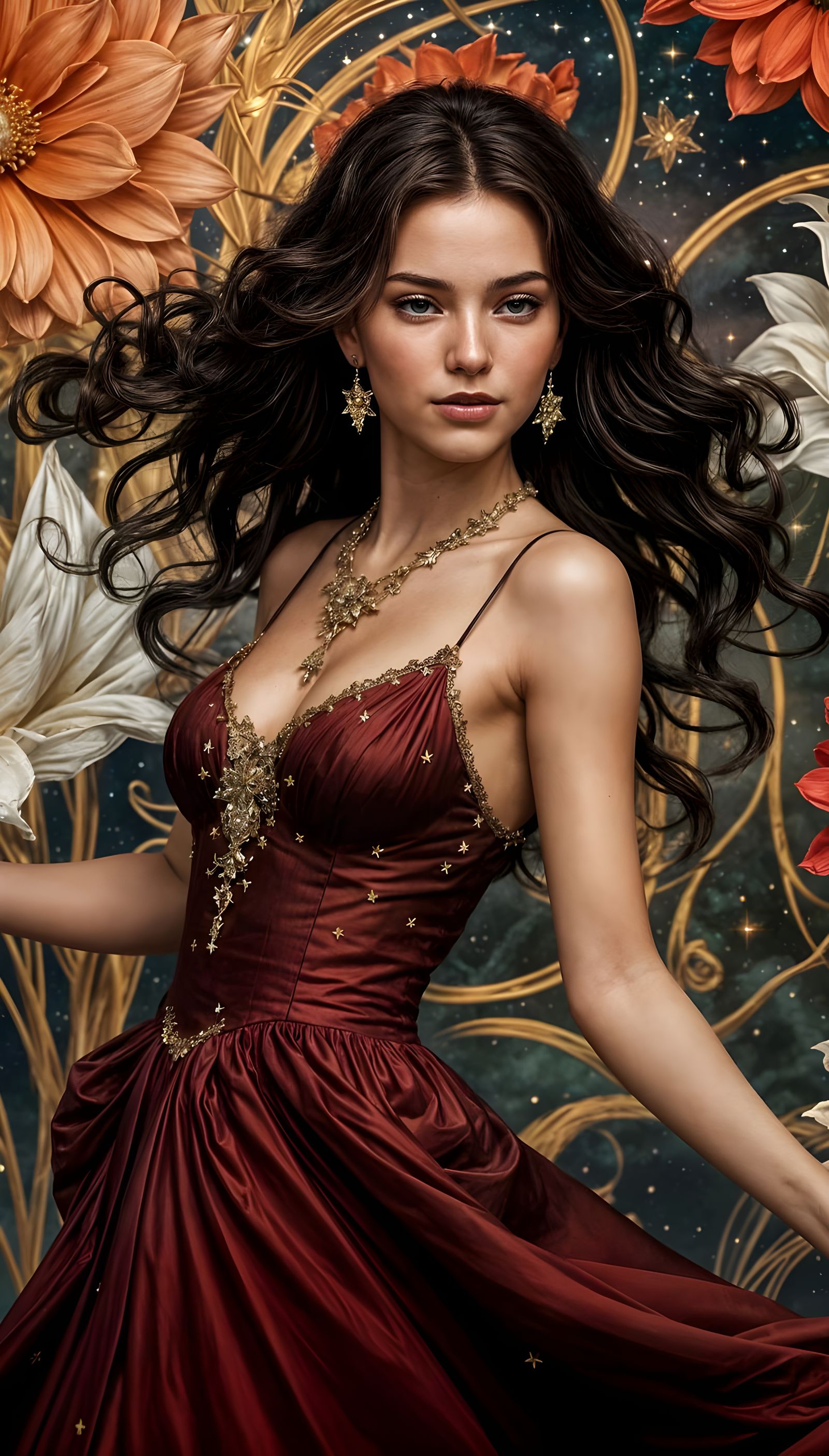 Ethereal Woman with Dreamlike Sky and Stars