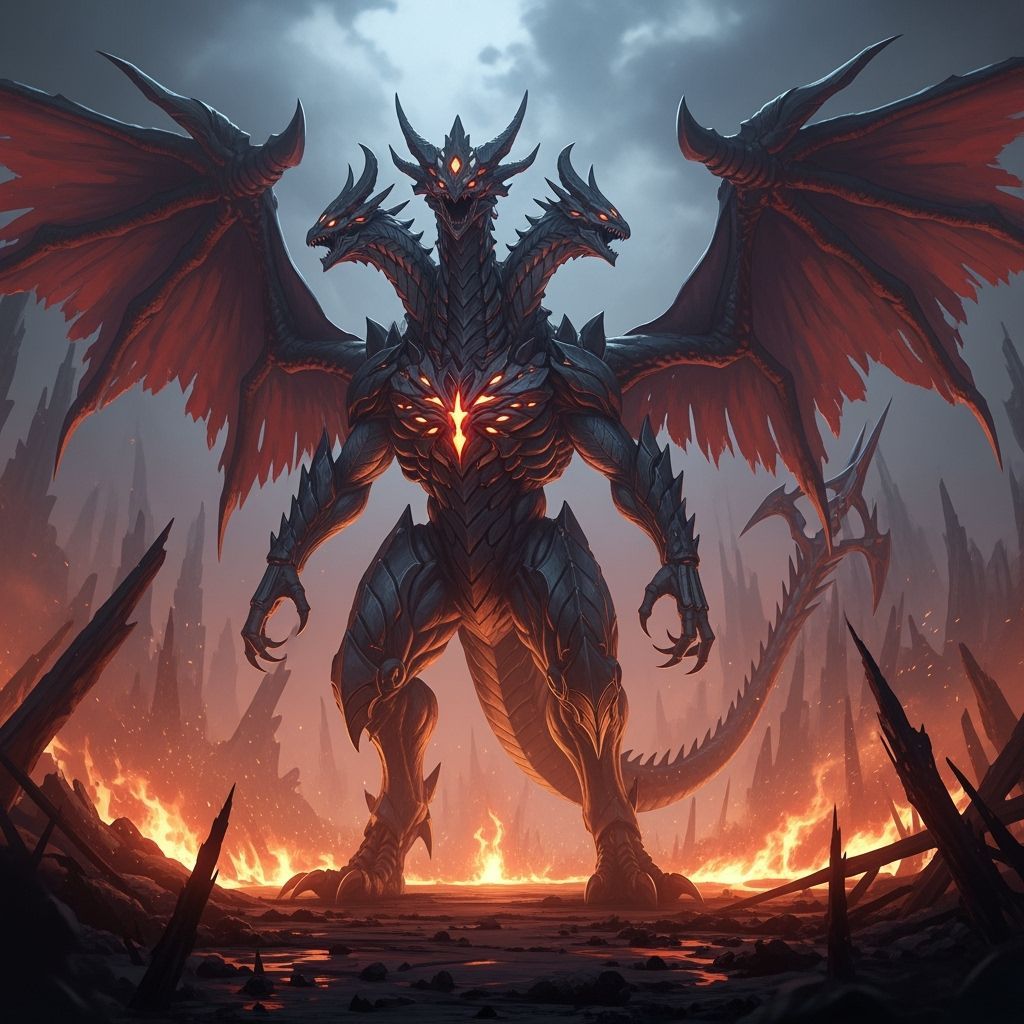 Colossal Triple-Headed Anime Monster in a Smoldering Underwo...