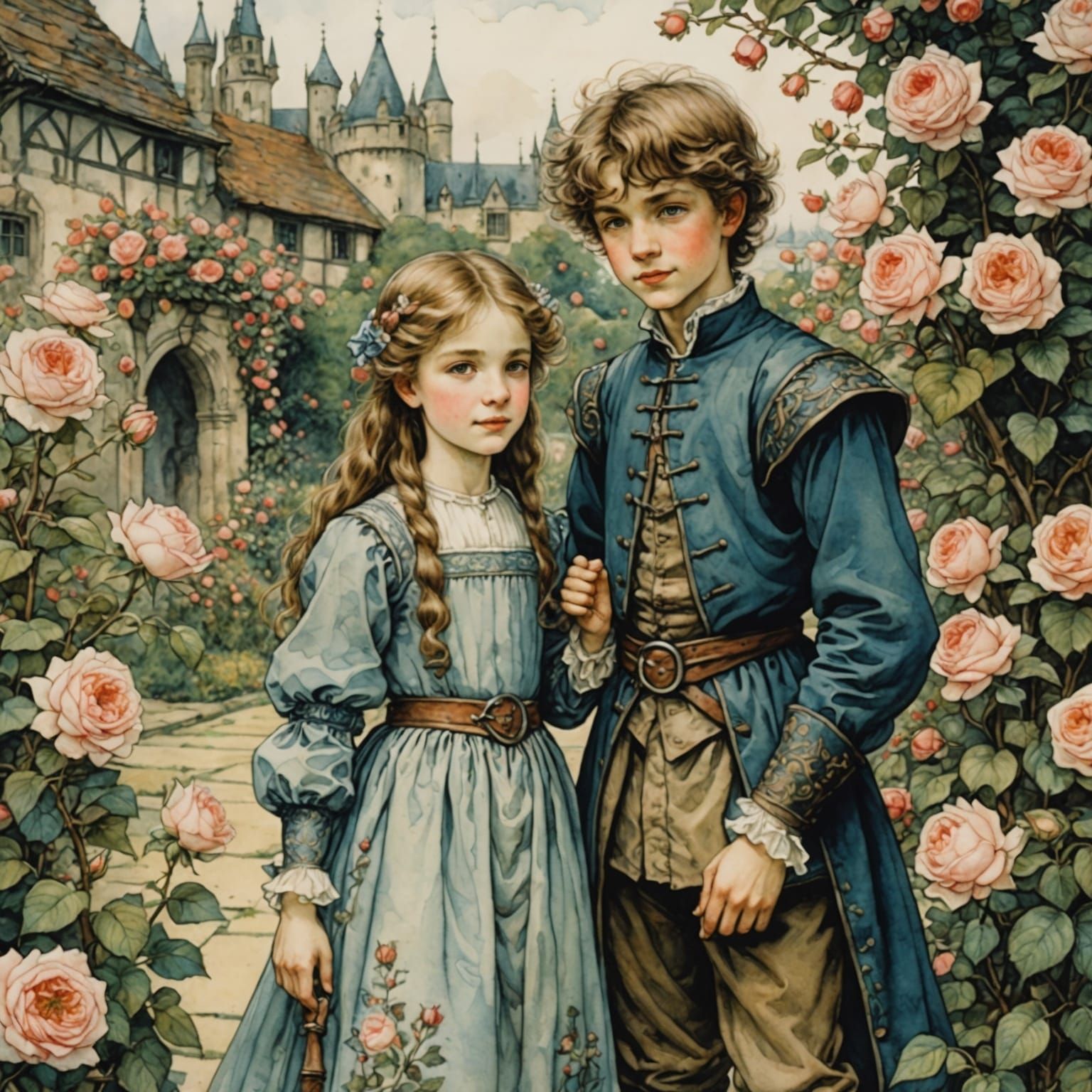 Medieval Watercolor: Children in Rose Garden
