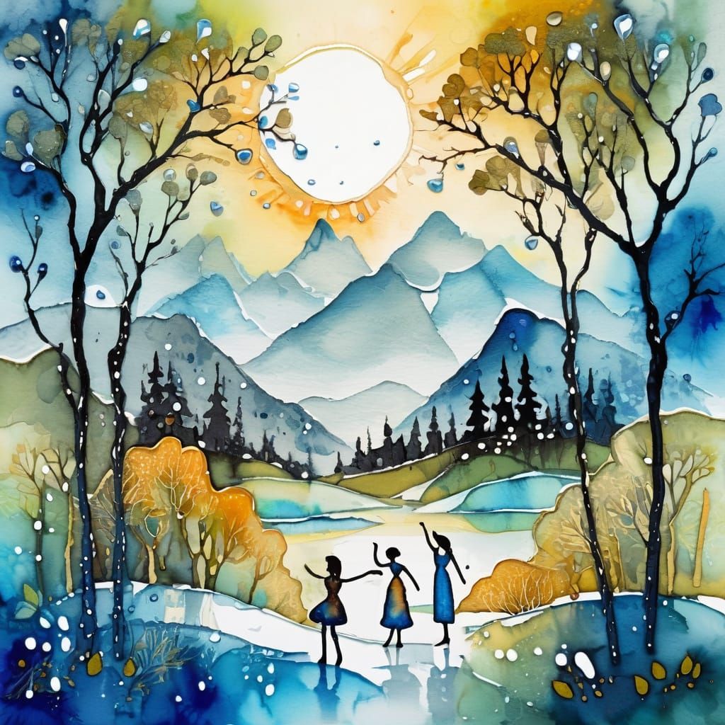 Vibrant Whimsical Scene of Tiny Dancers in Sunbeams