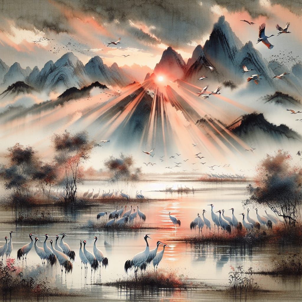 Cranes at Dawn: Chinese Ink Painting of Mountains