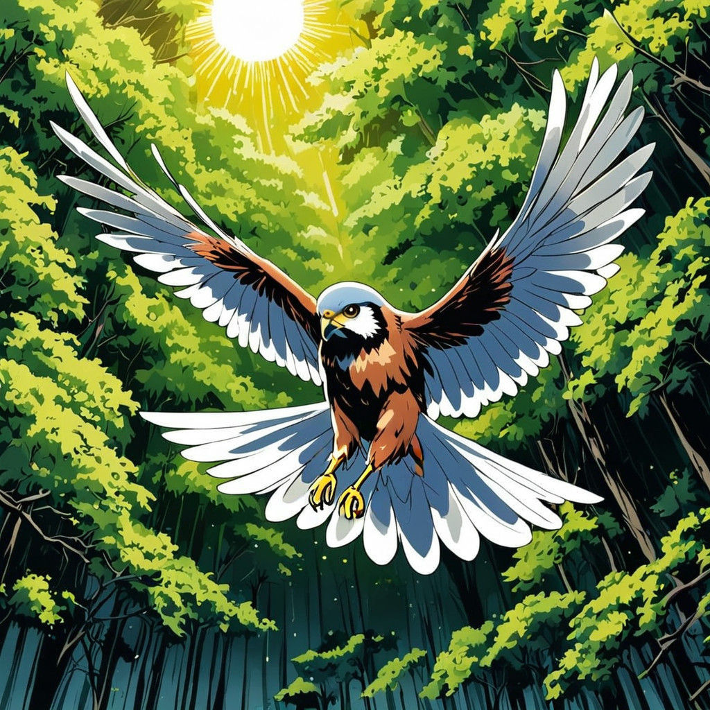 Anime-Inspired Kestrel in Dynamic Flight Among Trees