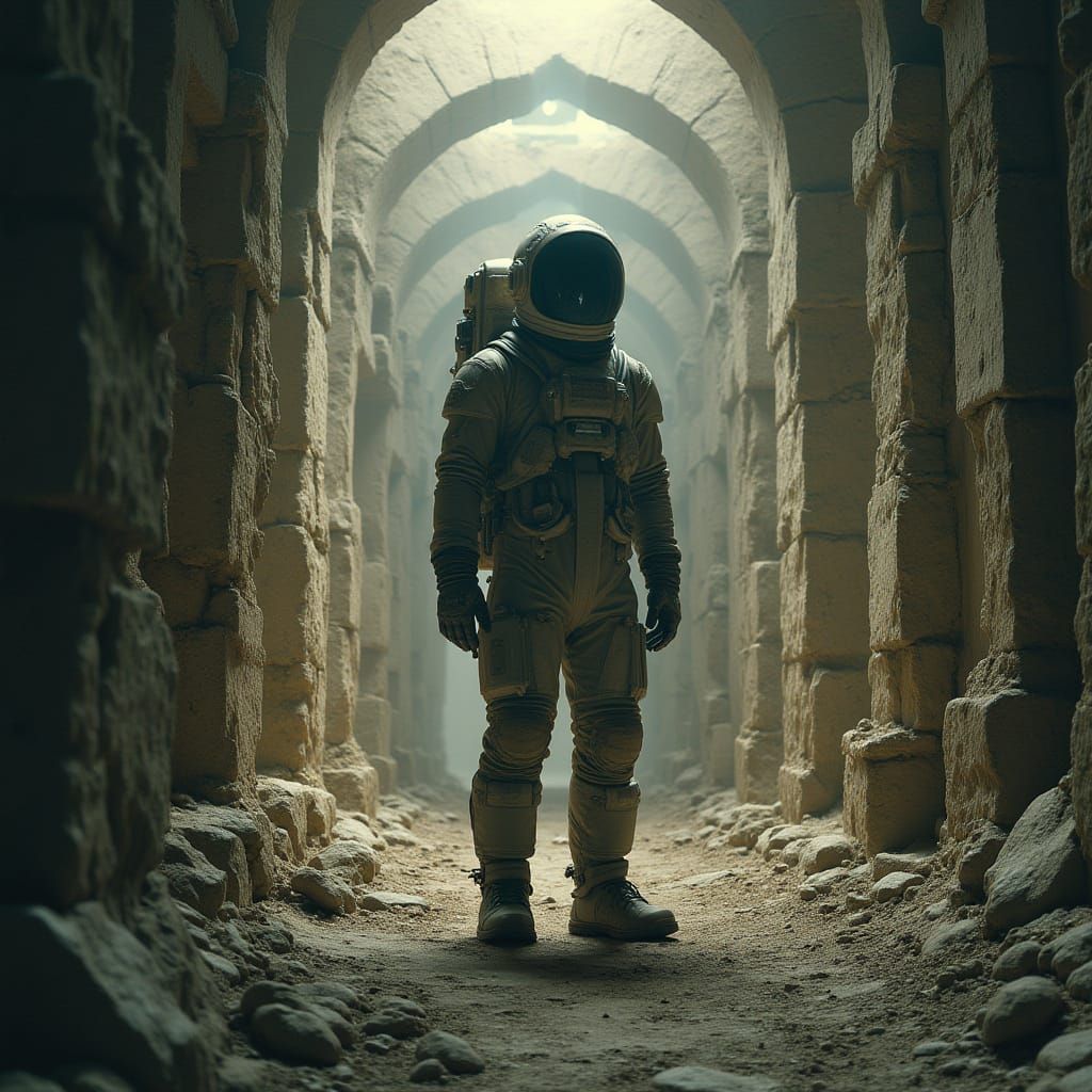 Astronaut in Ancient Ruins: A Mystical Sci-Fi Scene