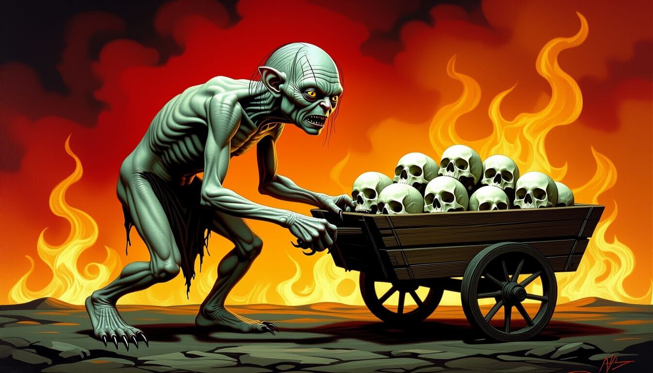 Surreal Gollum Pushing Wheelbarrow of Skulls