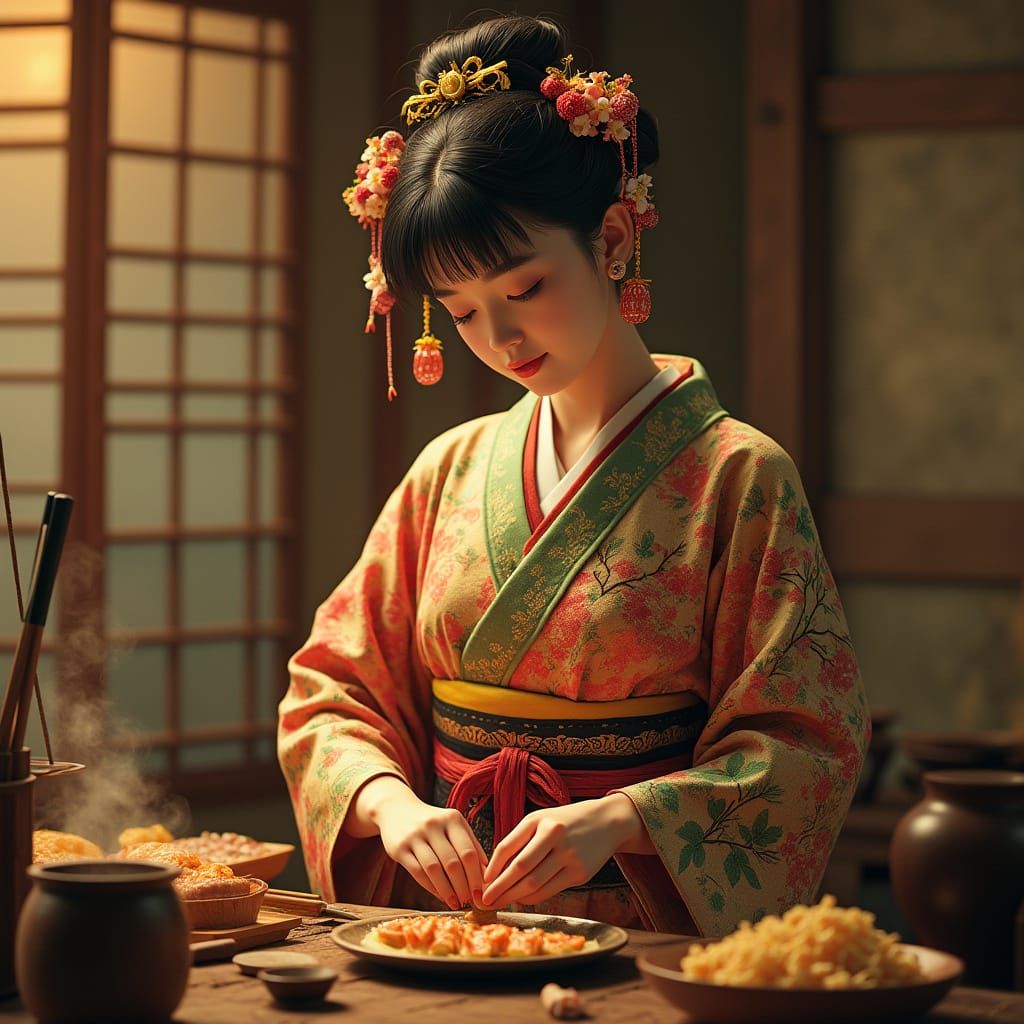 Edo Goddess Ukemochi Cooks Japanese Delicacies in Traditiona...
