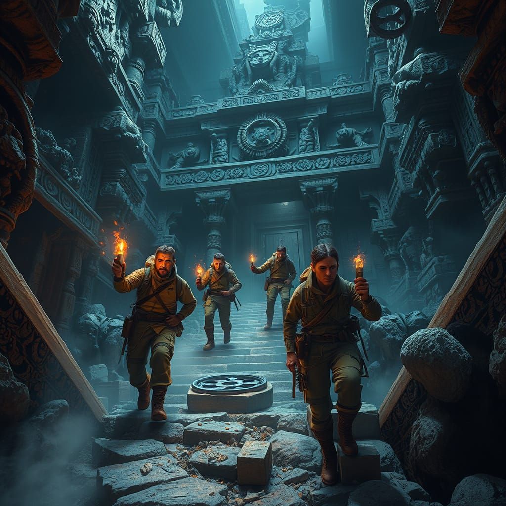 Explorers Navigate Perilous Ancient Temple, Detailed Matte P...
