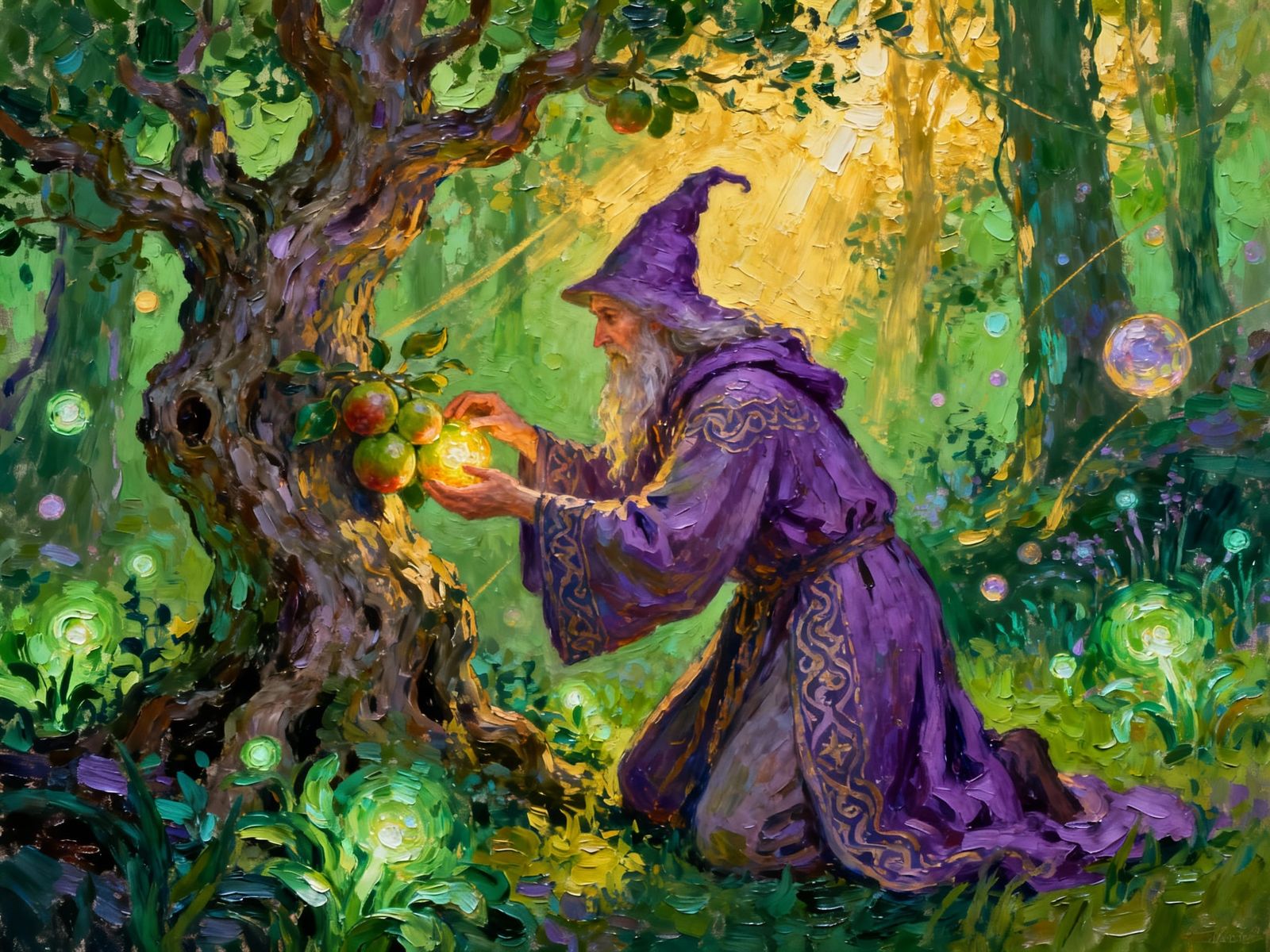 Wizard Picking Magic Fruit in Enchanted Forest, Impasto Styl...