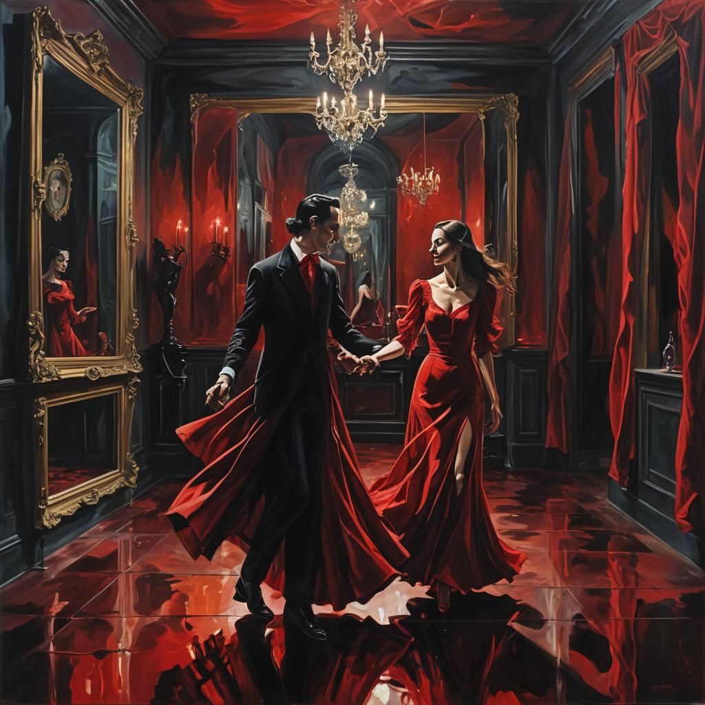 Vampire Couple Dancing in a Dark Hall, Surreal Oil Painting
