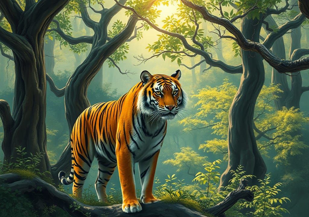 Bengal Tiger in Japanese Forest, Mystical Landscape