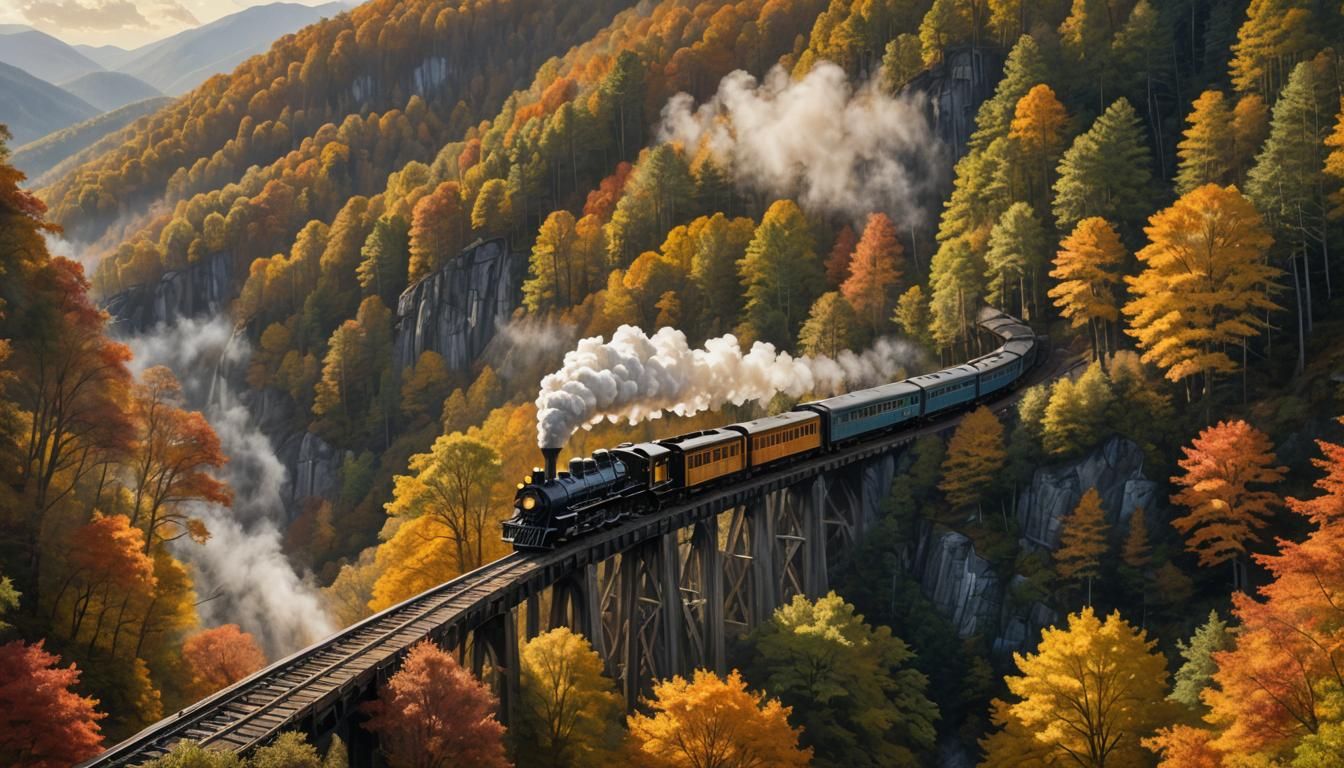 Autumn Train Through Smoky Mountains, Hyperrealistic Illustr...