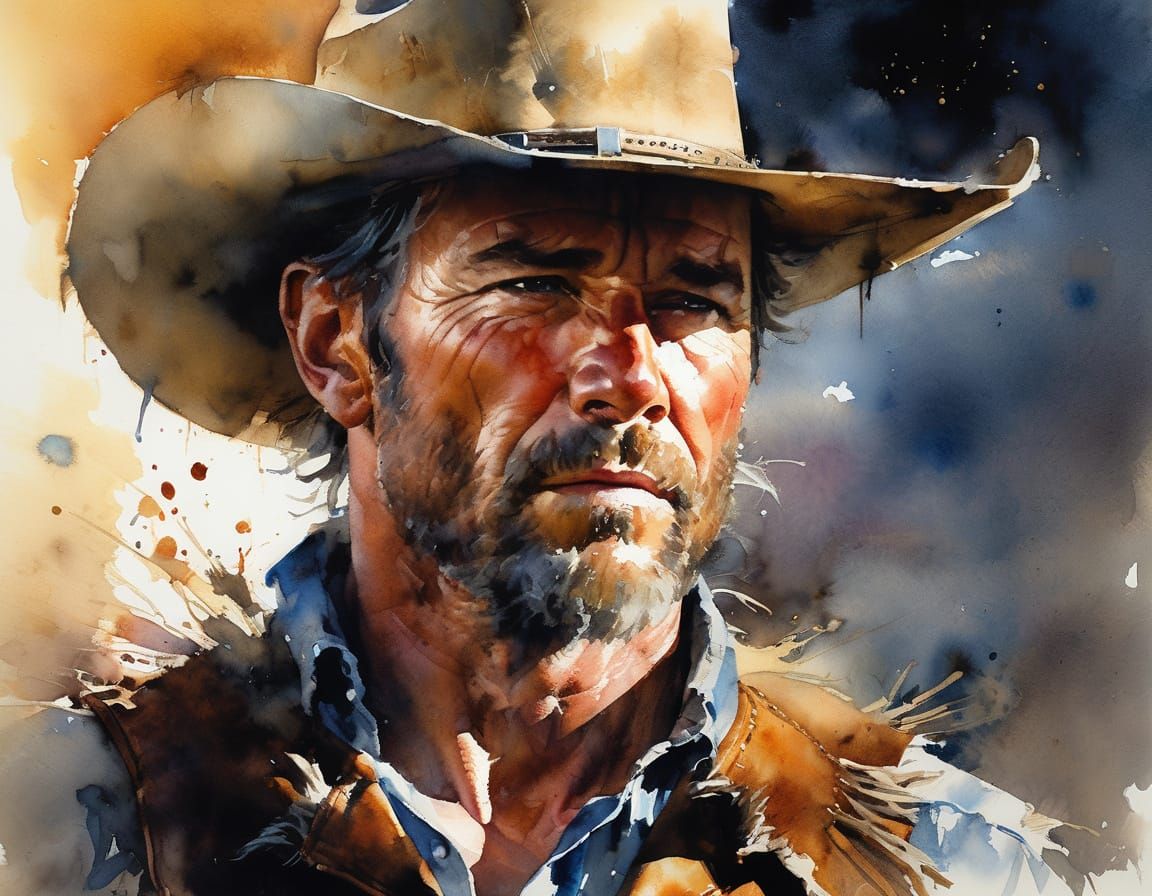 Watercolor Cowboy on Open Range at Sunset