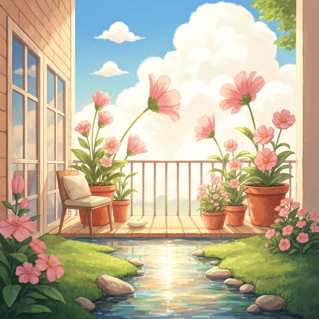 Peaceful Balcony with Swaying Flowers and Cotton Clouds