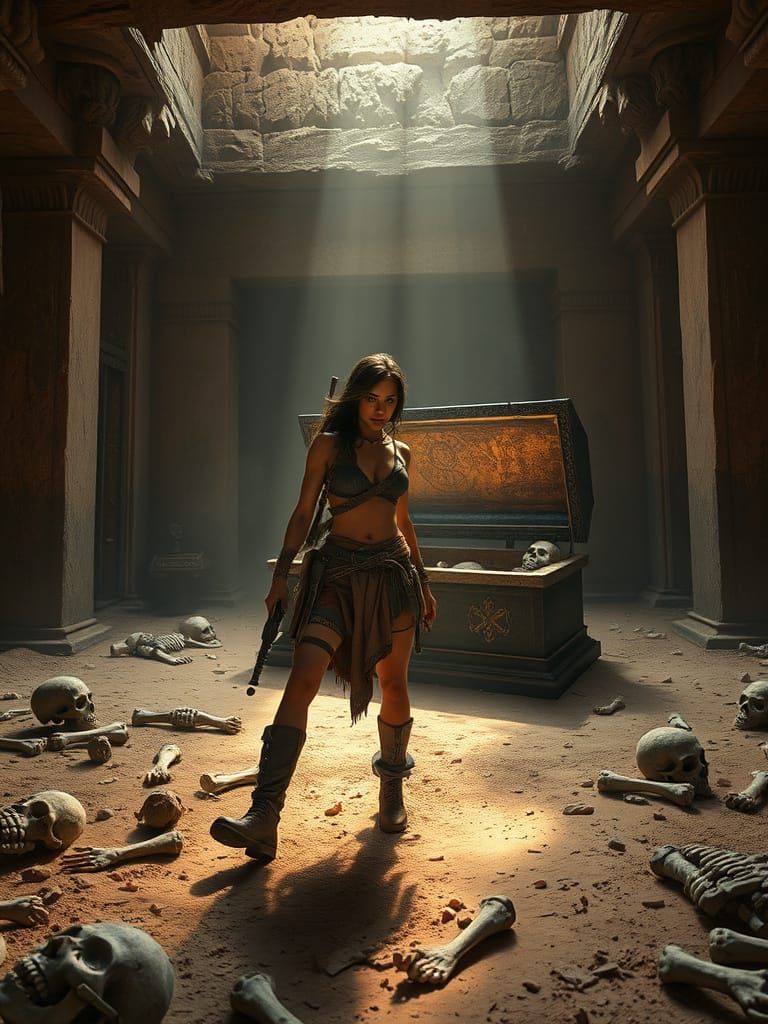 Lara Croft Opens Sarcophagus in Ancient Temple