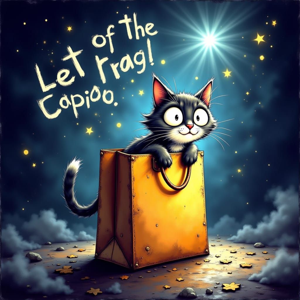 Cat Leaping Out of Bag in Cartoon Style