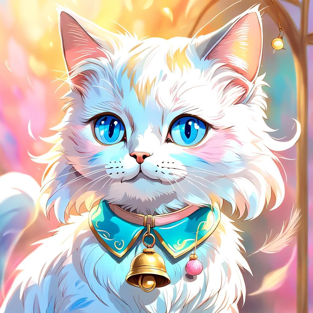 Anime Cat Portrait with Blue Eyes in Watercolor Style