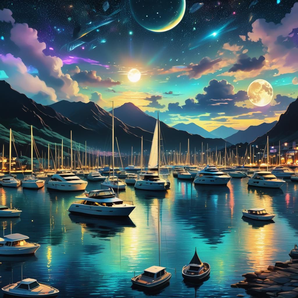 Moonlit bay filled with yachts