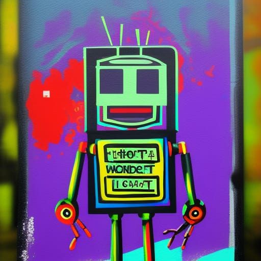 Robot Sign Holder in Graffiti Street Art Style